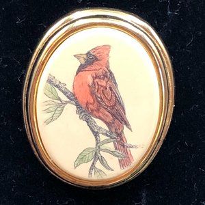 Vintage BARLOW  Red Cardinal hand painted brooch